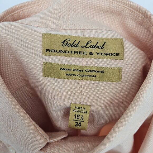 Roundtree & Yorke Shirt Mens 16.5 34 Peach Gold Label Non Iron Oxford Button - Picture 9 of 10